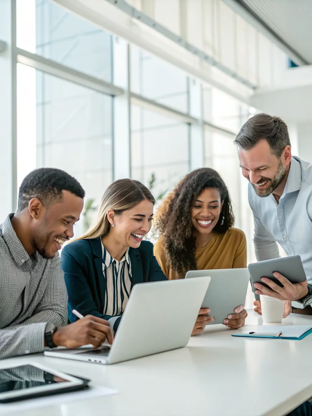 A diverse group of interns collaborating on a project in a modern office setting at Exim Americas, showcasing teamwork and innovation.
