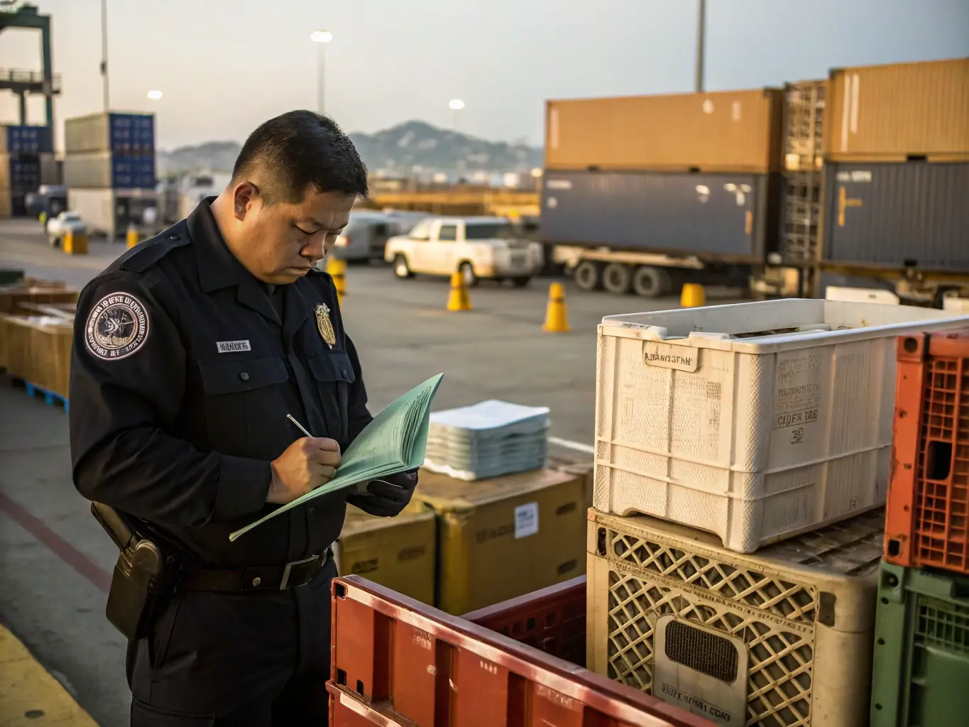 A detailed close-up shot of a customs officer inspecting shipping documents with a magnifying glass, highlighting the meticulous attention to detail required for customs compliance.