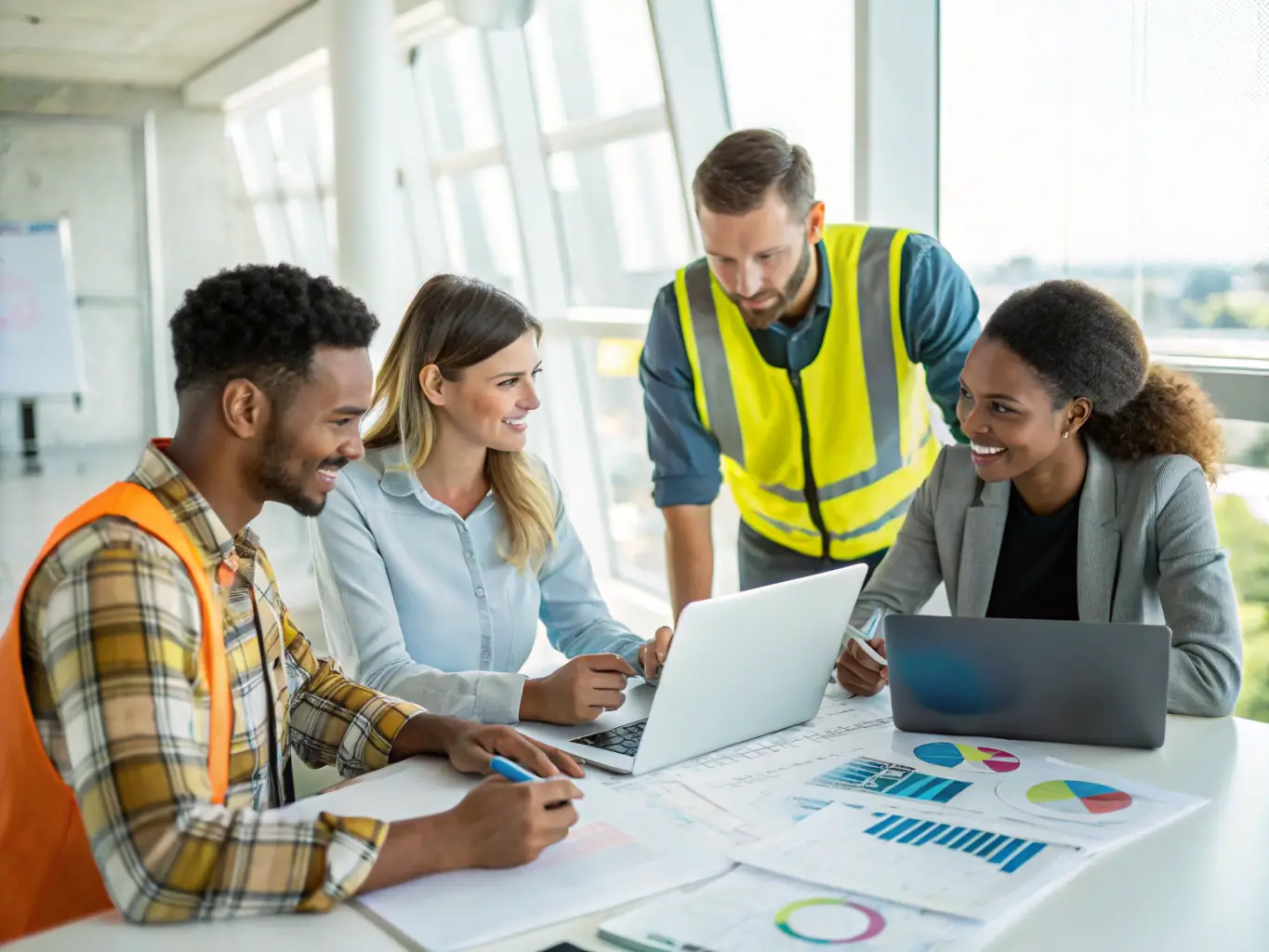 A photograph showcasing a diverse group of logistics professionals collaborating in a modern office setting, symbolizing the strength and diversity of Exim Americas' vendor network.