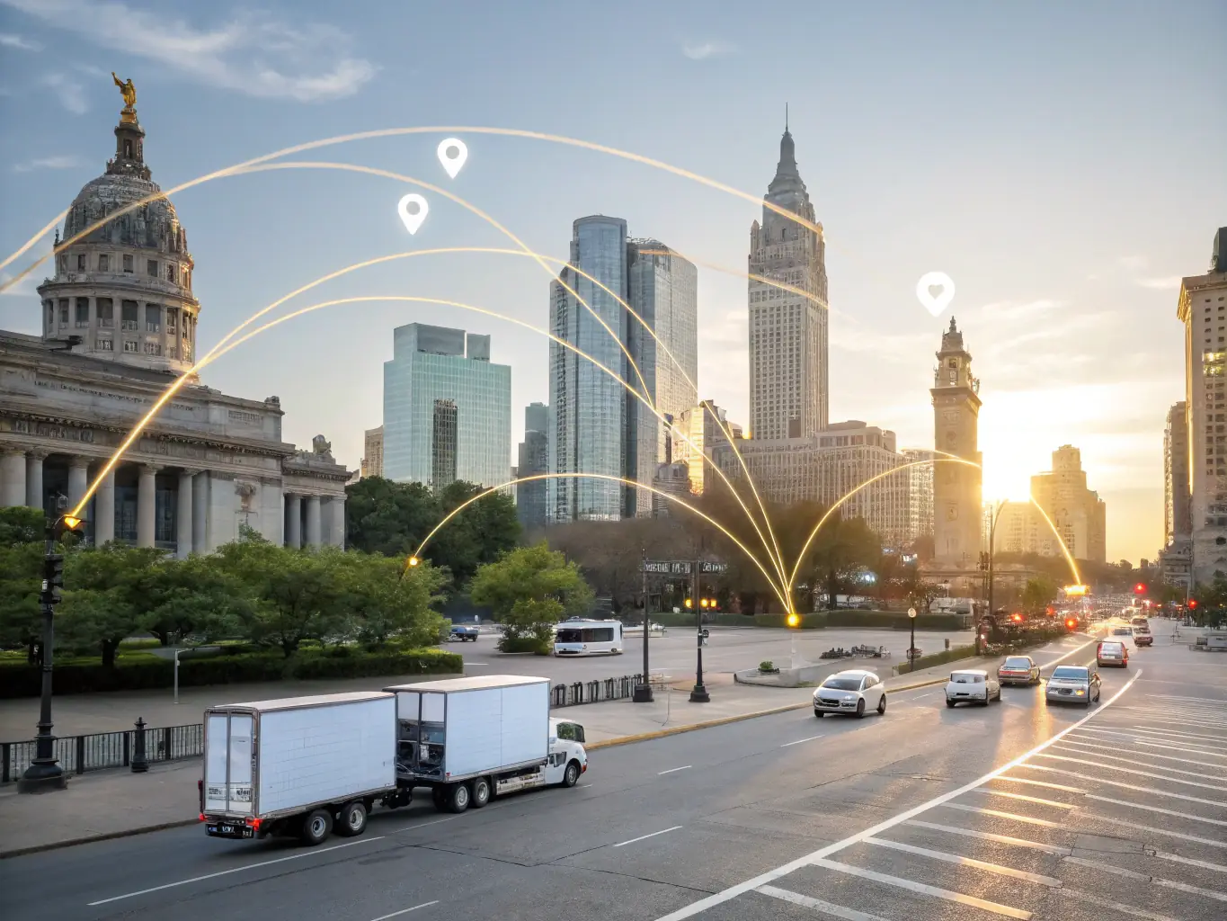 A digital illustration depicting a detailed logistics control tower interface, showcasing real-time tracking of multiple delivery trucks moving across a map of the United States. The interface highlights data points such as location, ETA, and cargo status, emphasizing the use of technology in ensuring reliable final mile delivery.