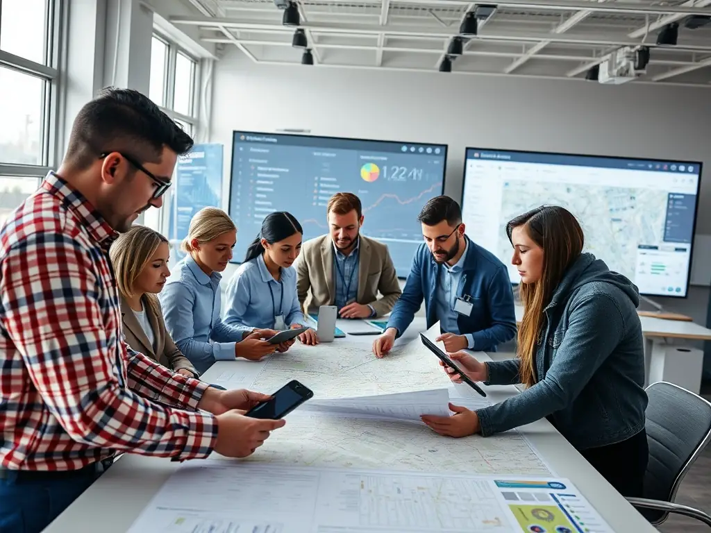 A photograph showcasing Exim Americas' logistics team collaborating in a modern office environment, reviewing delivery schedules and optimizing routes on large monitors. The image emphasizes the human element and expertise behind the company's final mile delivery services.