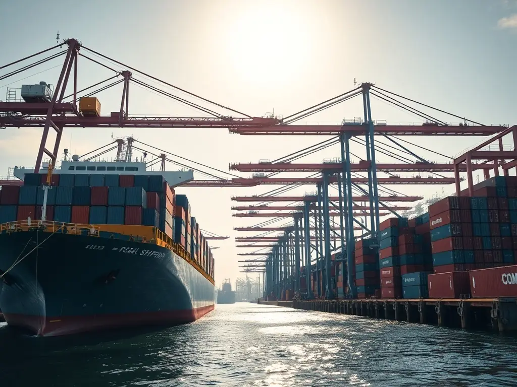 A high-quality image of a cargo ship efficiently loading containers at a busy port, representing the reliable service availability provided by Exim Americas' vendor network.