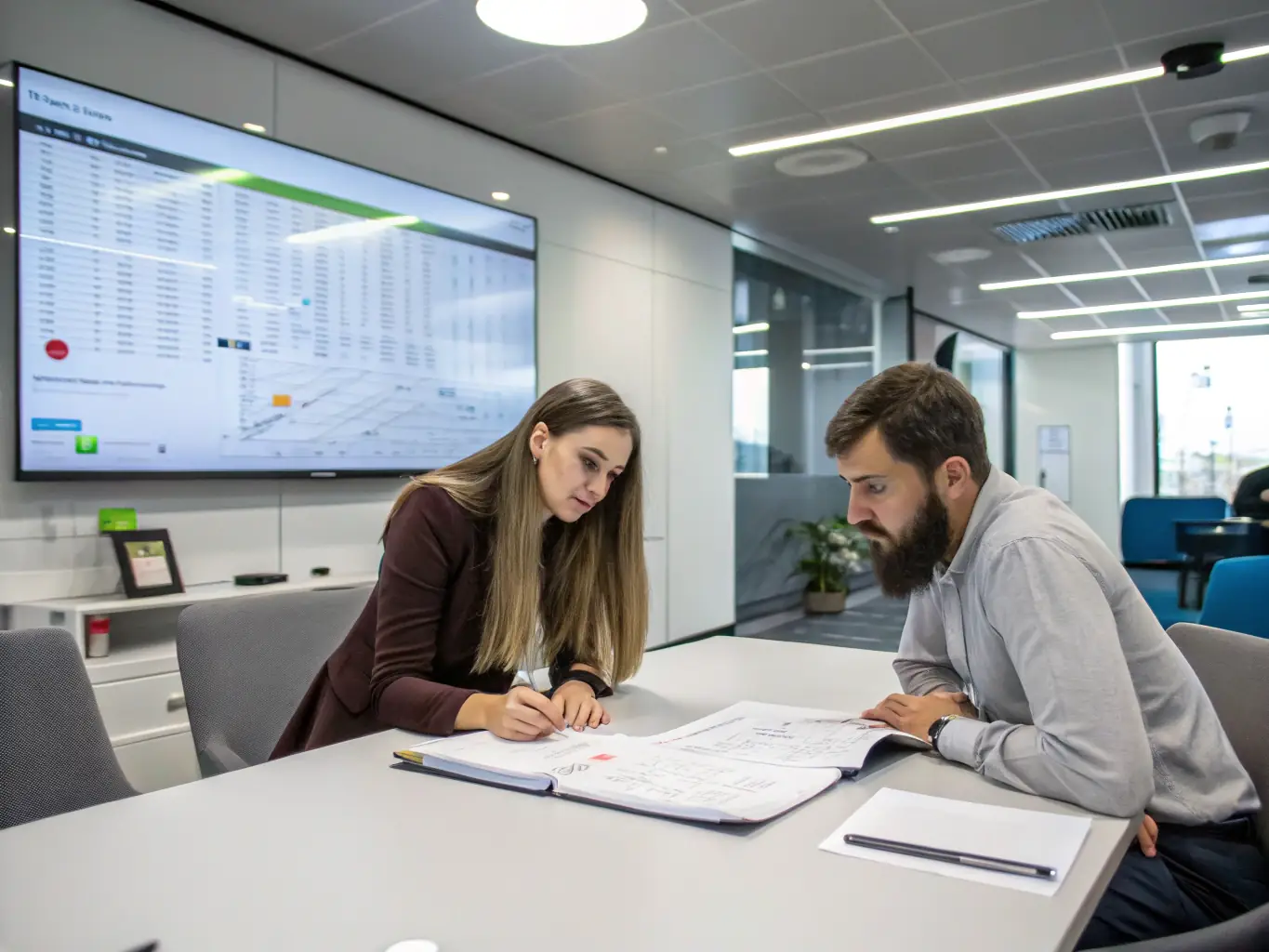 A transparent glass-walled conference room with a team of logistics professionals discussing a shipment's progress, with real-time tracking data displayed on a large screen.