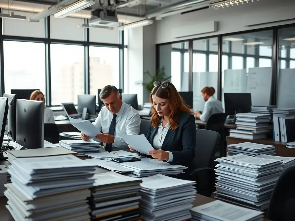A brightly lit, modern customs brokerage office with customs brokers working diligently at their computers, surrounded by stacks of neatly organized shipping documents and a world map in the background.