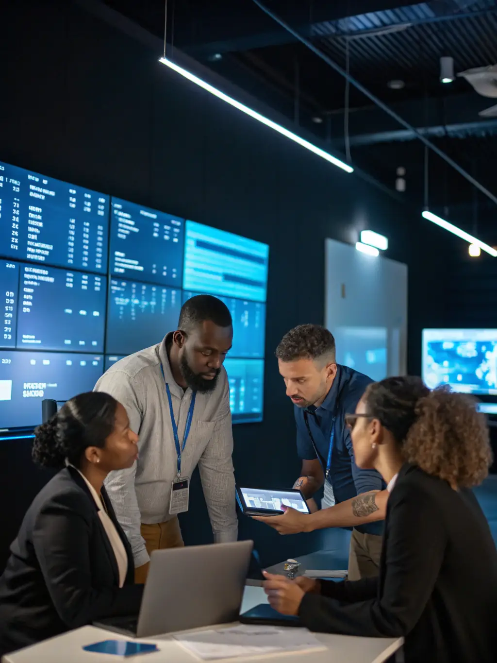 A close-up shot of a diverse team of logistics professionals collaborating in a modern office setting, reviewing shipping documents and discussing strategies for DDP shipments, symbolizing teamwork and expertise.