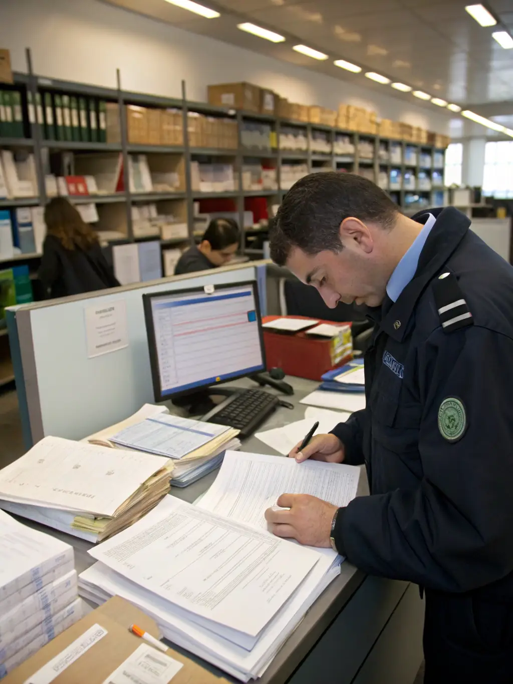 An image of a stack of neatly organized shipping documents with customs stamps, symbolizing regulatory compliance and adherence to international trade regulations.