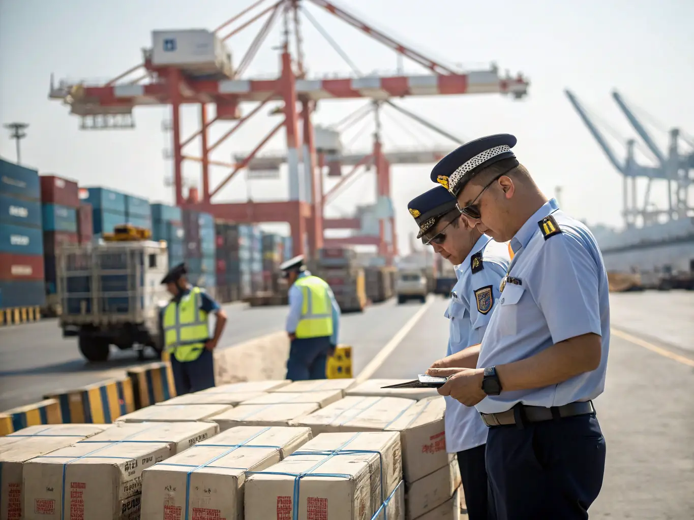 A customs officer inspecting goods at a port, with containers and cargo ships visible in the background, symbolizing customs clearance and compliance.