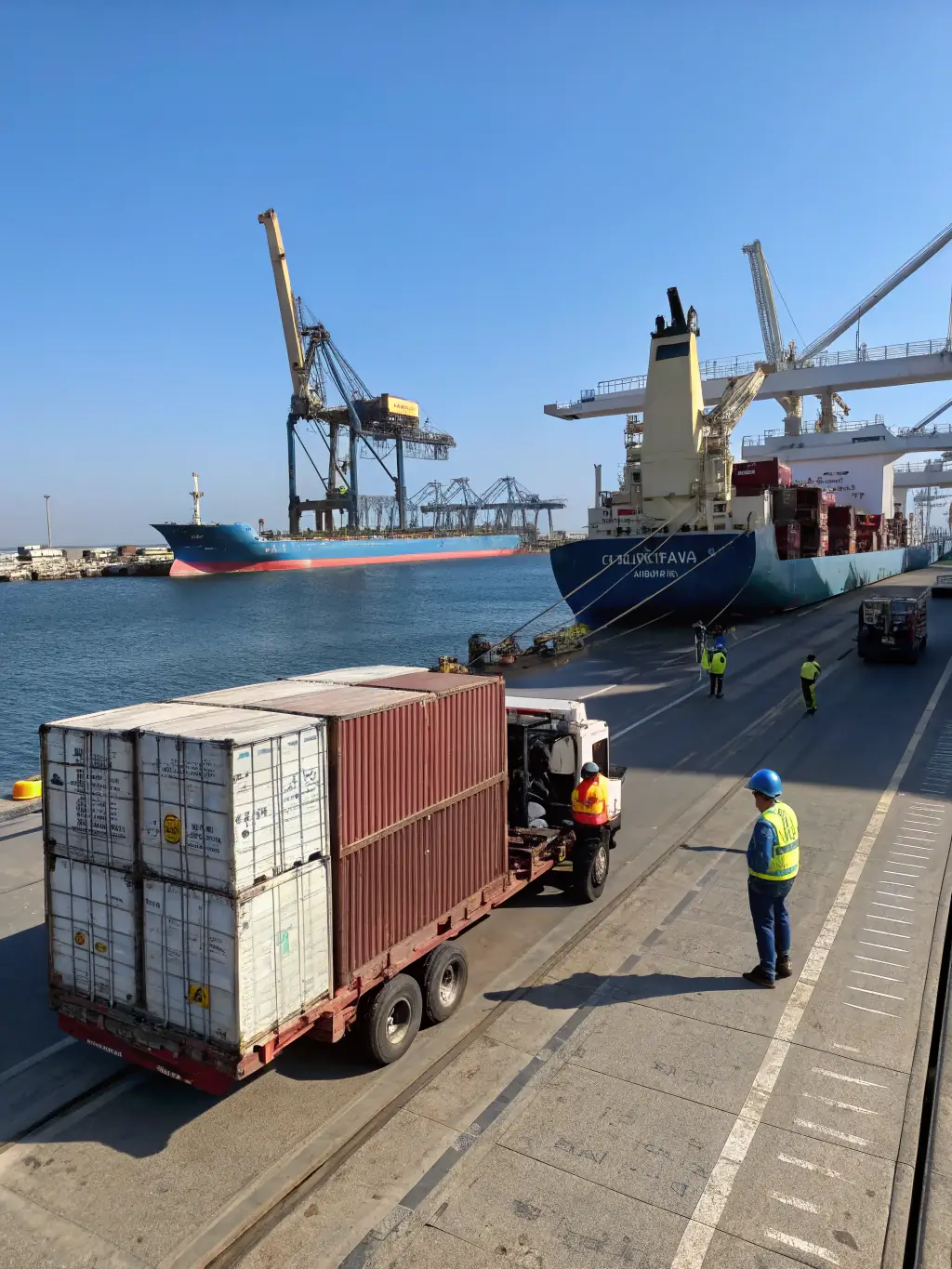 A professional photograph of a cargo ship being loaded with containers at a busy port, symbolizing import freight forwarding. The image should convey efficiency and global reach.
