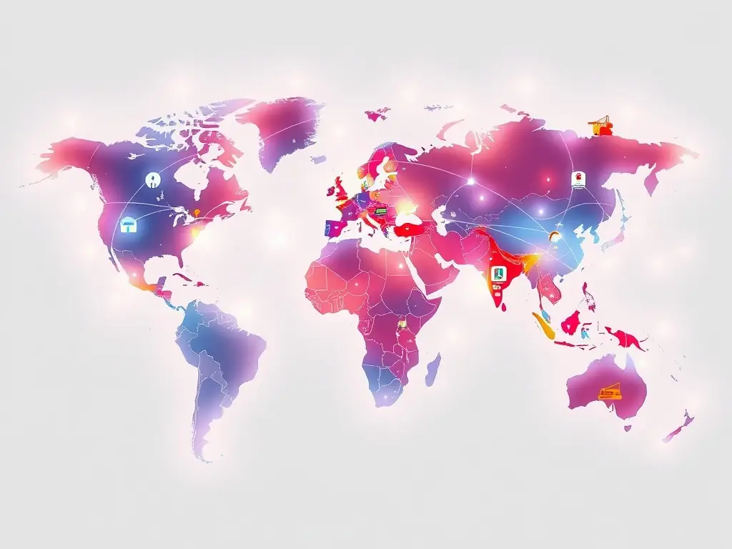 A digital illustration depicting a world map with interconnected shipping routes, highlighting the global reach and real-time tracking capabilities of Exim Americas' logistics network.