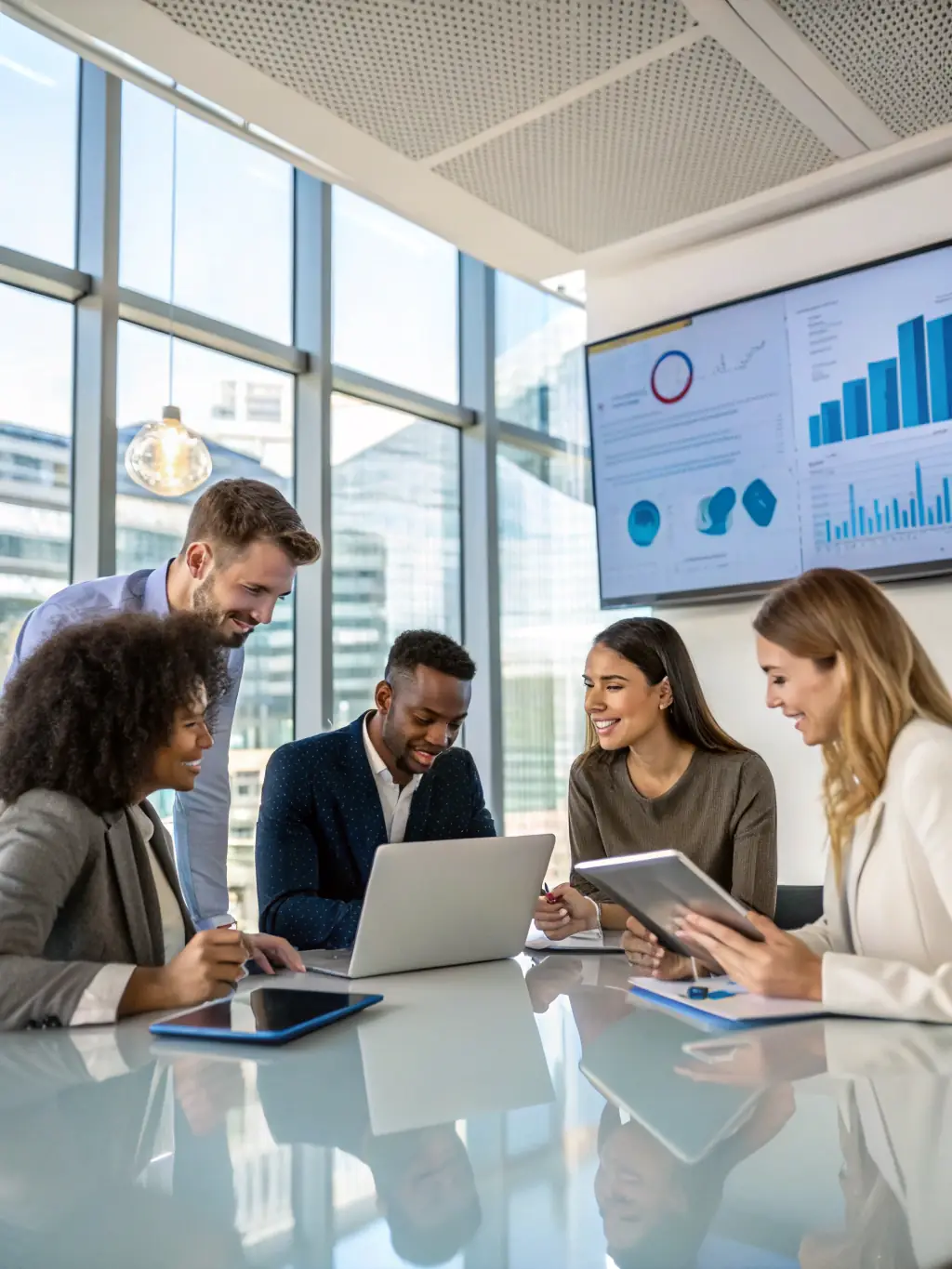 An image of a diverse team of logistics professionals collaborating in a modern office setting, emphasizing the global network and expertise of Exim Americas.
