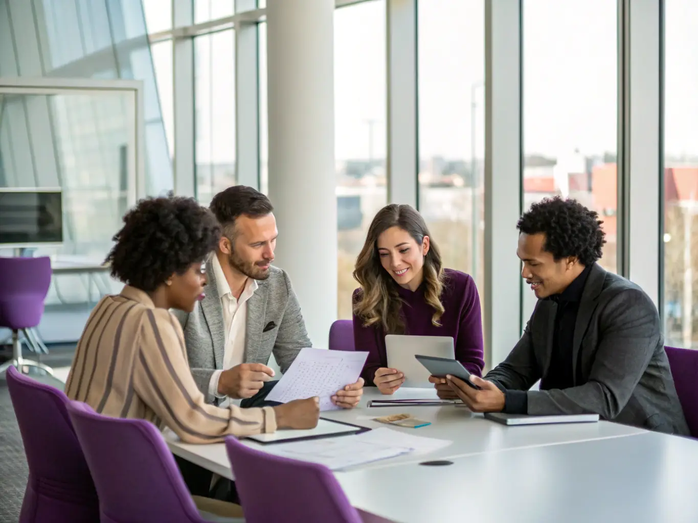 A diverse team of customs brokerage experts collaborating in a modern office setting, emphasizing the importance of expertise and personalized service.