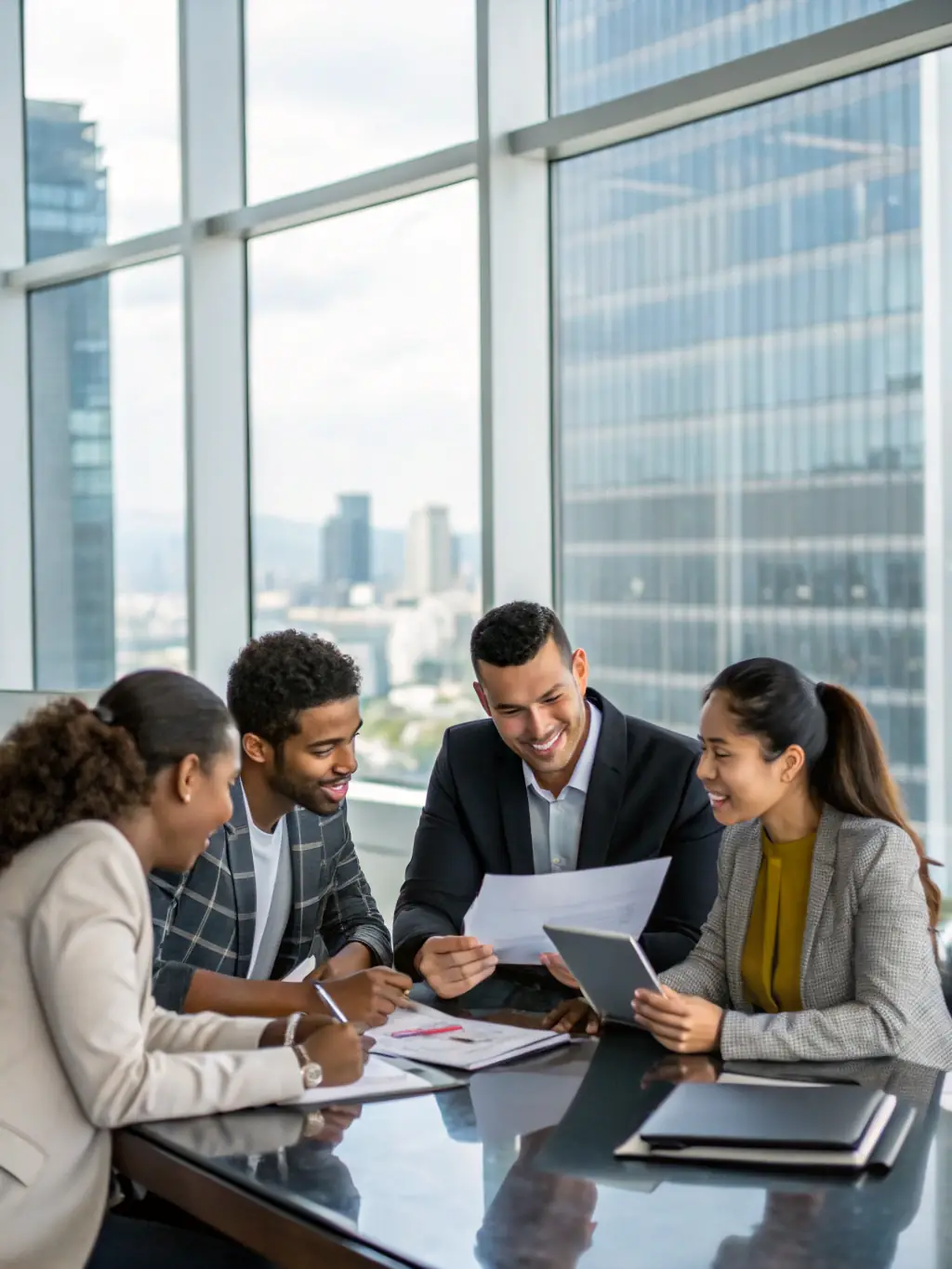 A diverse team of Exim Americas Inc. employees collaborating in a modern office space, discussing logistics strategies and problem-solving.