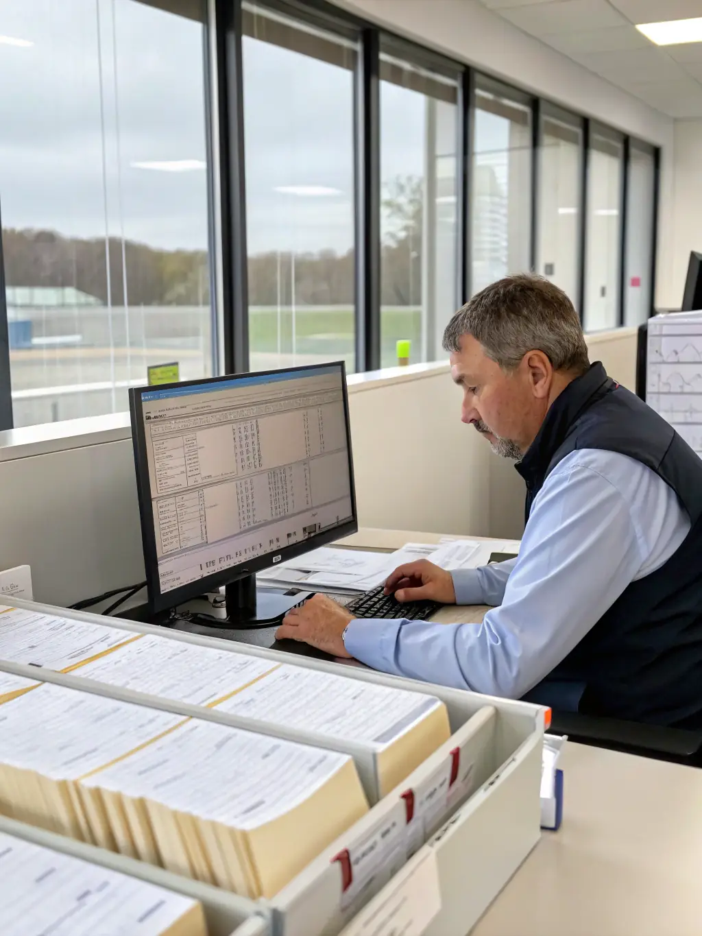A high-angle, medium shot of a logistics coordinator at Exim Americas Inc. reviewing a detailed shipping manifest, with a focused expression and a pen in hand, in a brightly lit office environment.