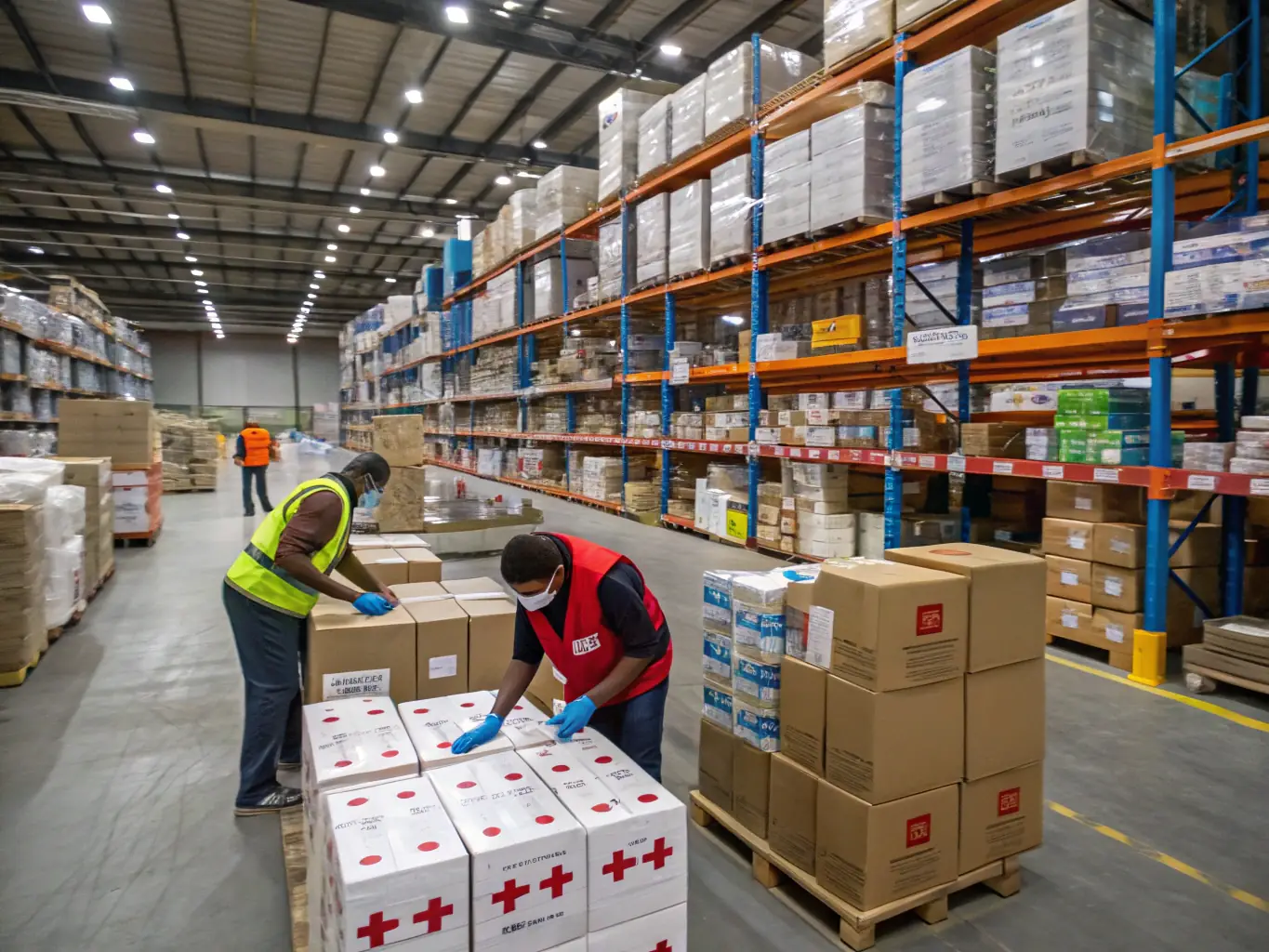 A brightly lit warehouse interior with workers carefully packaging e-commerce orders, showcasing a variety of products and packaging materials, emphasizing efficiency and attention to detail.
