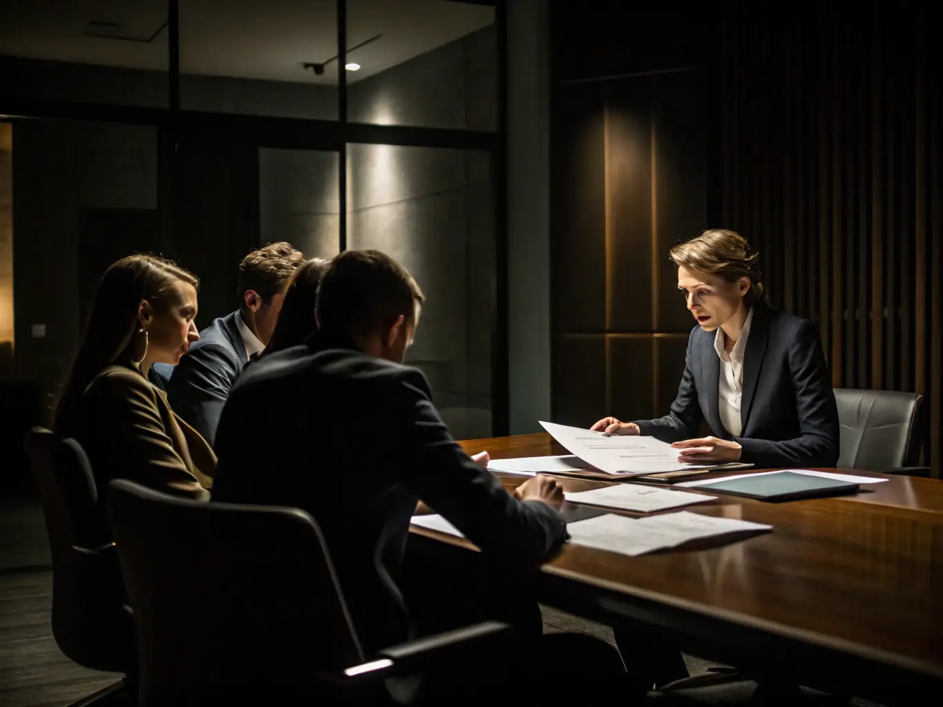 A professional logistics consultant in a meeting room, discussing shipping strategies with a client, surrounded by documents and a laptop displaying shipping routes and timelines.