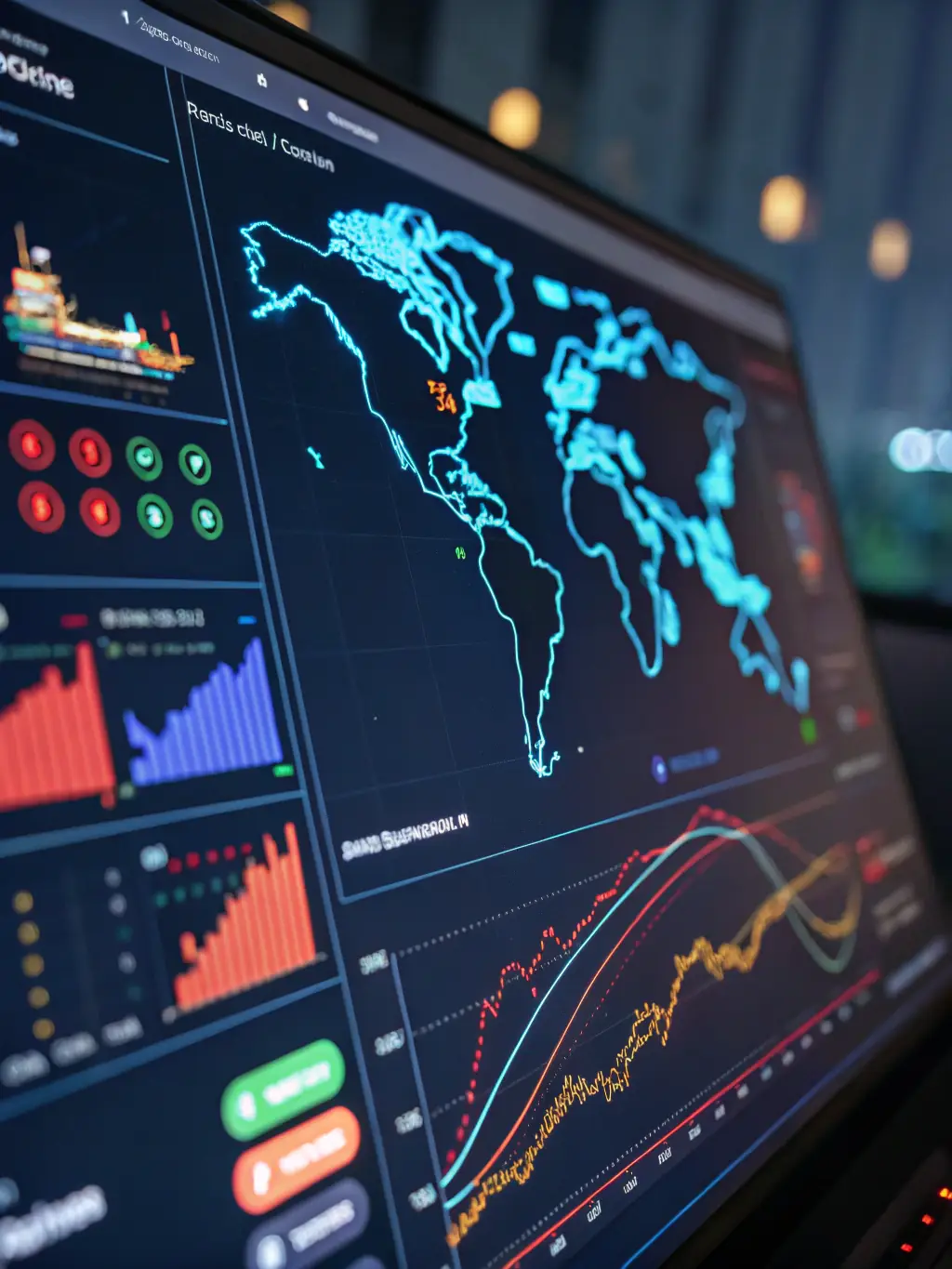 A digital dashboard displaying real-time inventory levels, order status, and shipment tracking information, emphasizing control and visibility.