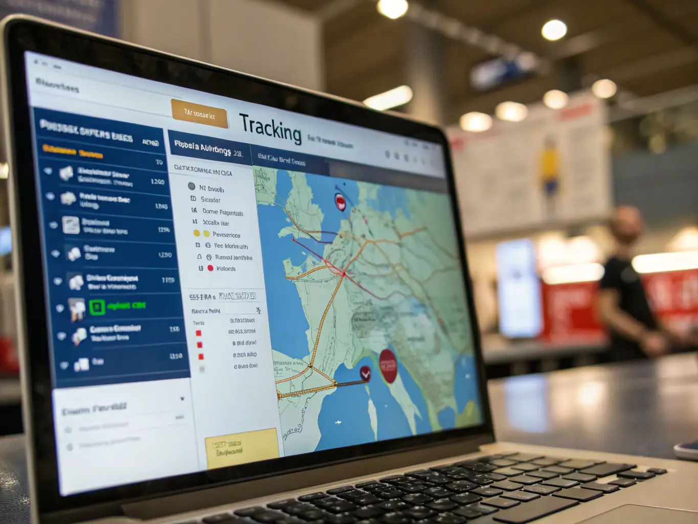 A digital interface displaying real-time shipment tracking information, showcasing a map with a highlighted route and detailed shipment data.