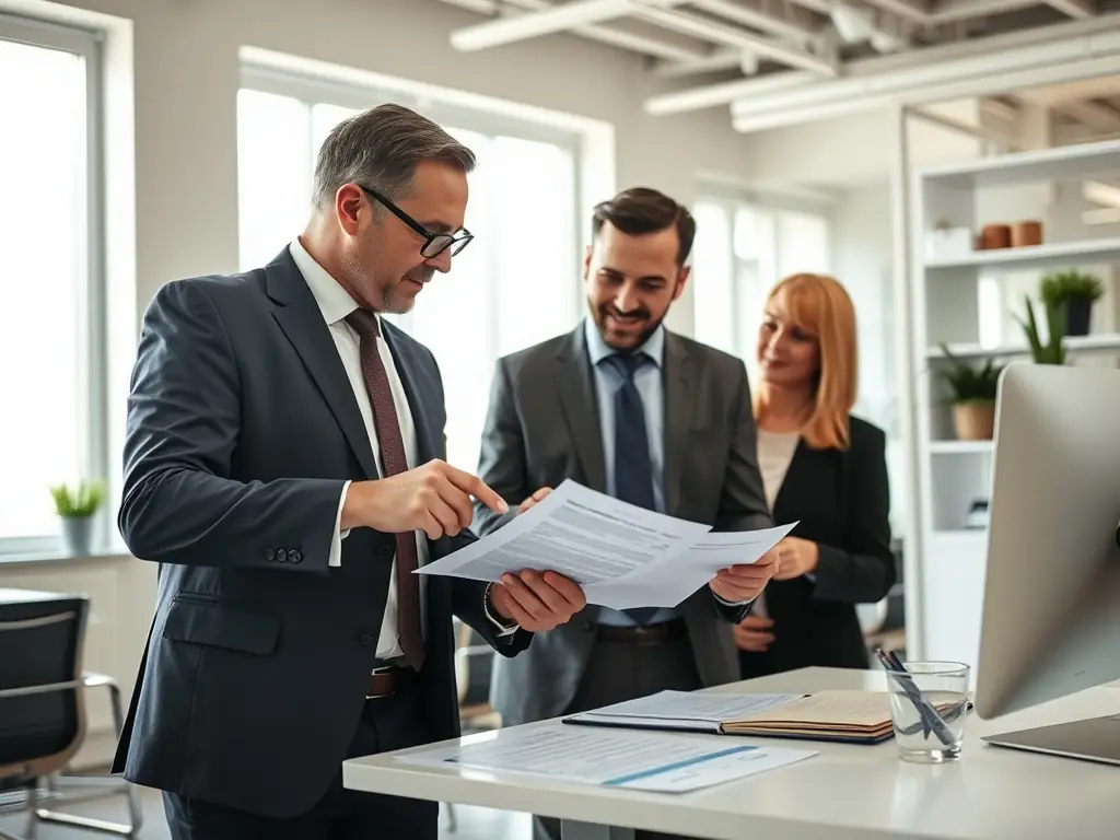 A brightly lit, modern customs brokerage office with customs officers efficiently processing paperwork and inspecting goods, symbolizing streamlined processes.