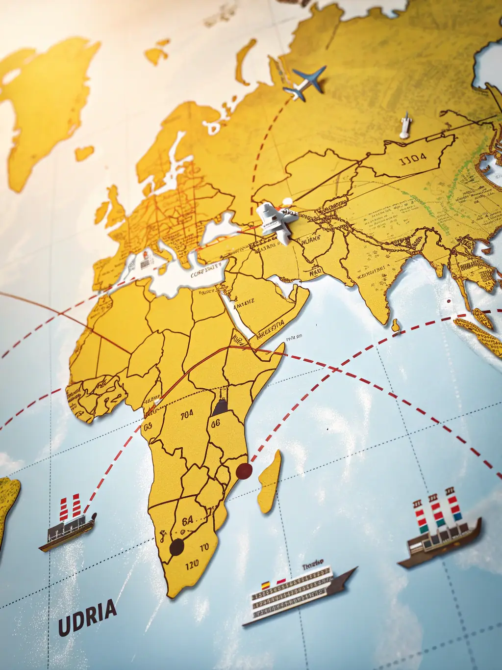 A world map highlighting major trade routes, with lines connecting Asia, Europe, and the United States, illustrating Exim Americas' global reach and coordination capabilities.