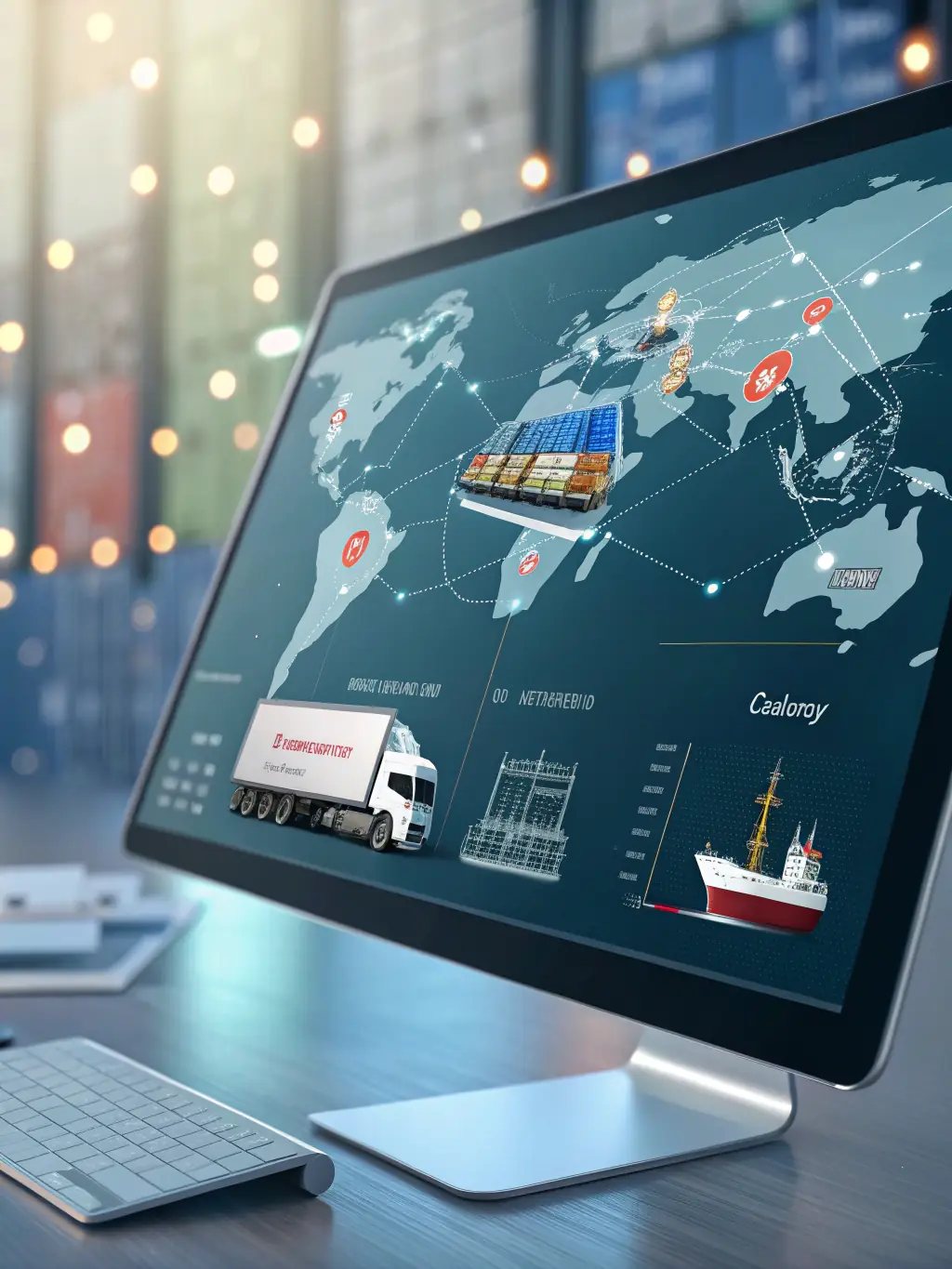 A digital dashboard displaying real-time tracking of multiple shipments across the globe, with indicators showing on-time performance and potential delays.