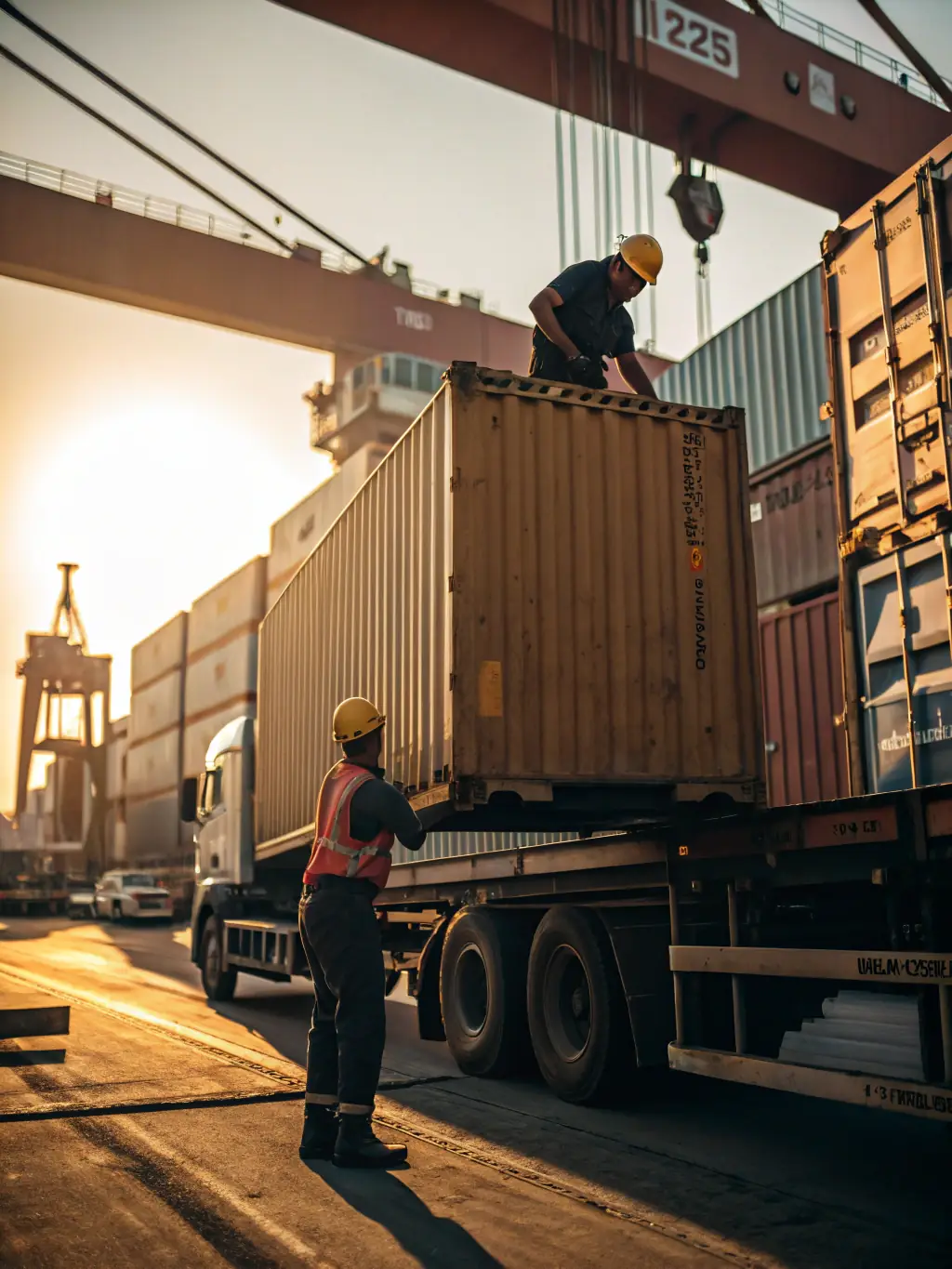 A detailed view of a container being loaded onto a truck at a U.S. port, highlighting the seamless transition from ocean to land transport managed by Exim Americas.