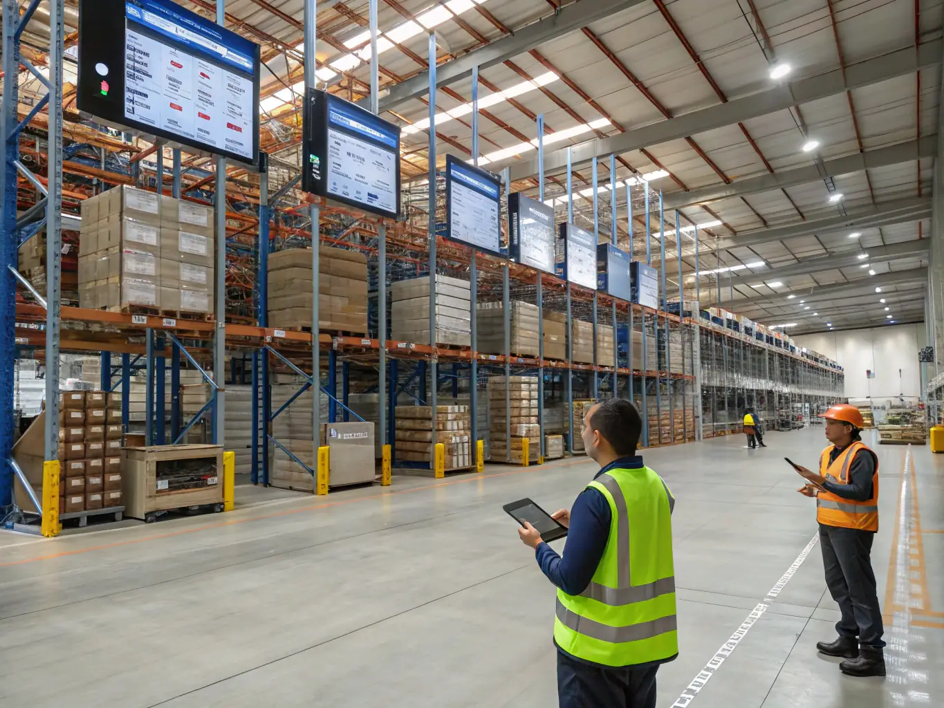 A brightly lit warehouse interior with workers efficiently picking and packing e-commerce orders, showcasing a streamlined fulfillment process.