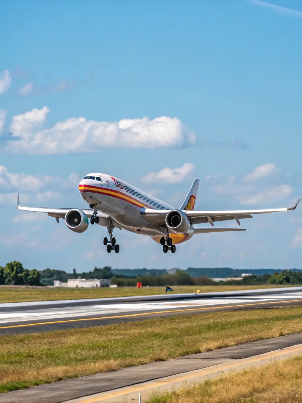 A modern cargo plane taking off against a clear blue sky, representing Exim Americas' air freight solutions for urgent import needs.