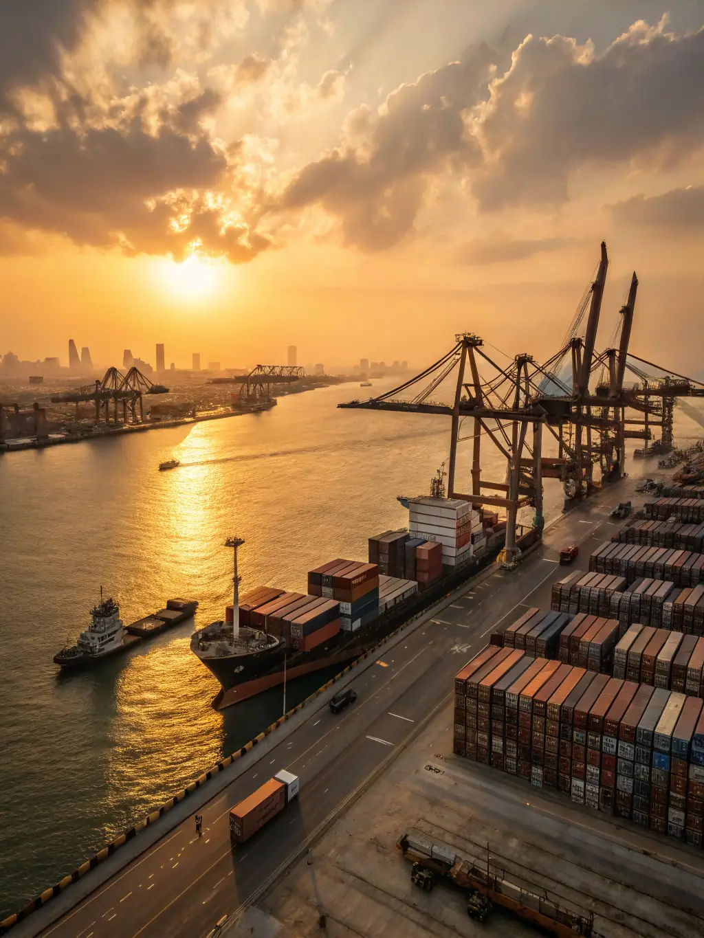 A high-angle shot of a cargo ship sailing into a U.S. port at dawn, containers stacked neatly on deck, symbolizing Exim Americas' ocean freight capabilities.