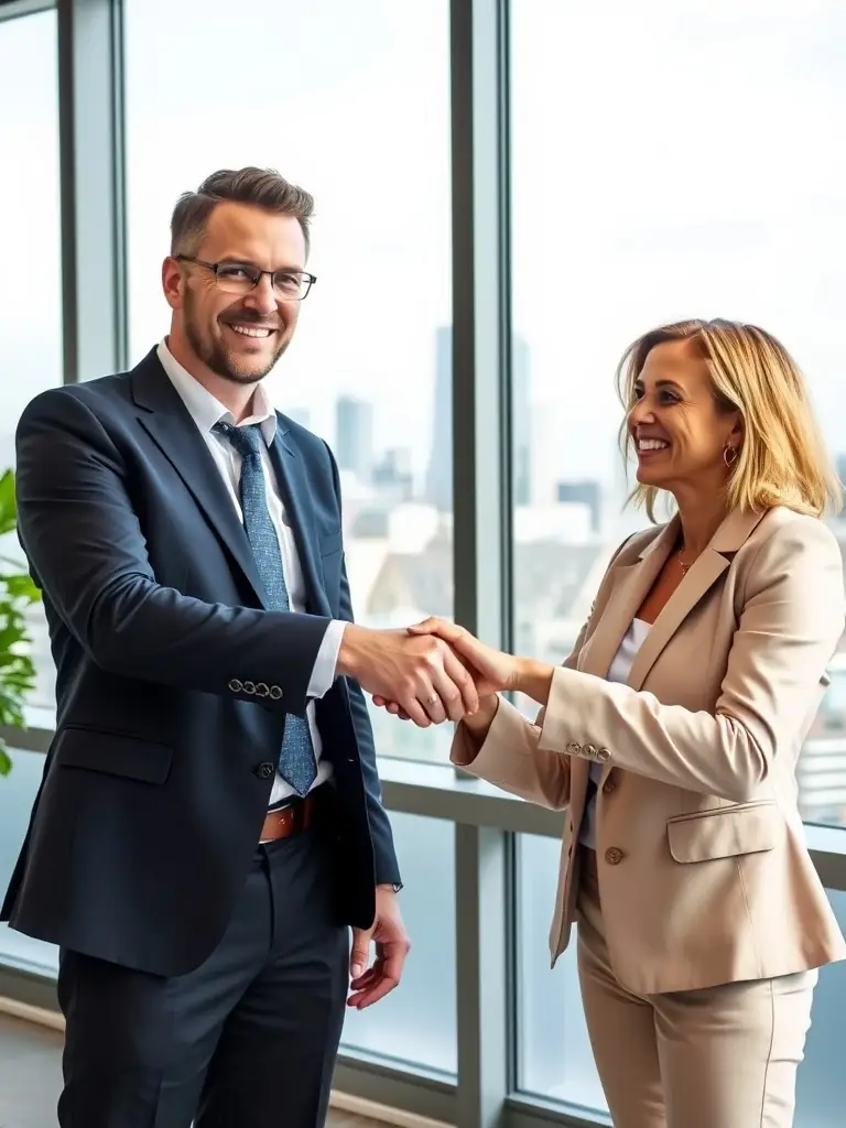 A photograph of a satisfied client shaking hands with an Exim Americas representative, symbolizing the strong partnerships and trust built with customers.