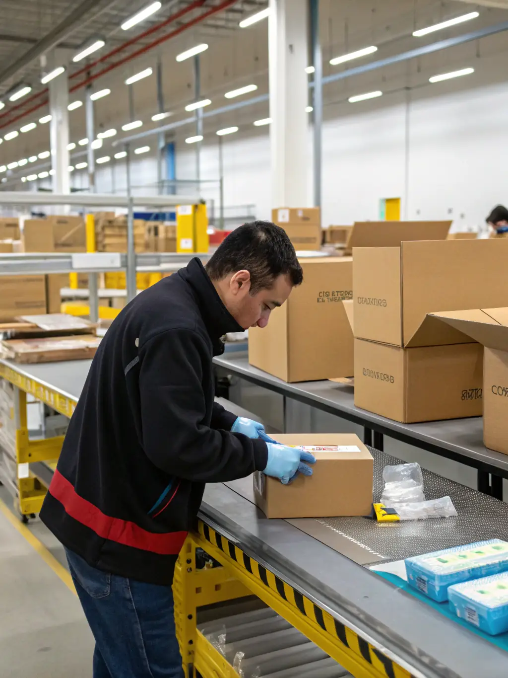 An image of packages being carefully sorted and labeled in a warehouse, highlighting the order consolidation process.