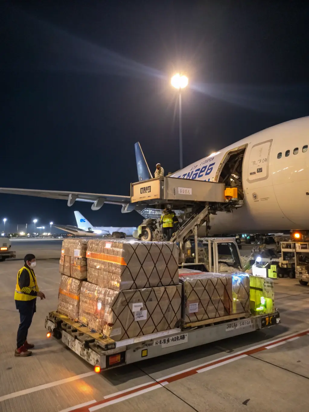 A high-quality image of cargo being loaded onto an airplane, representing export logistics. The image should highlight speed and reliability.
