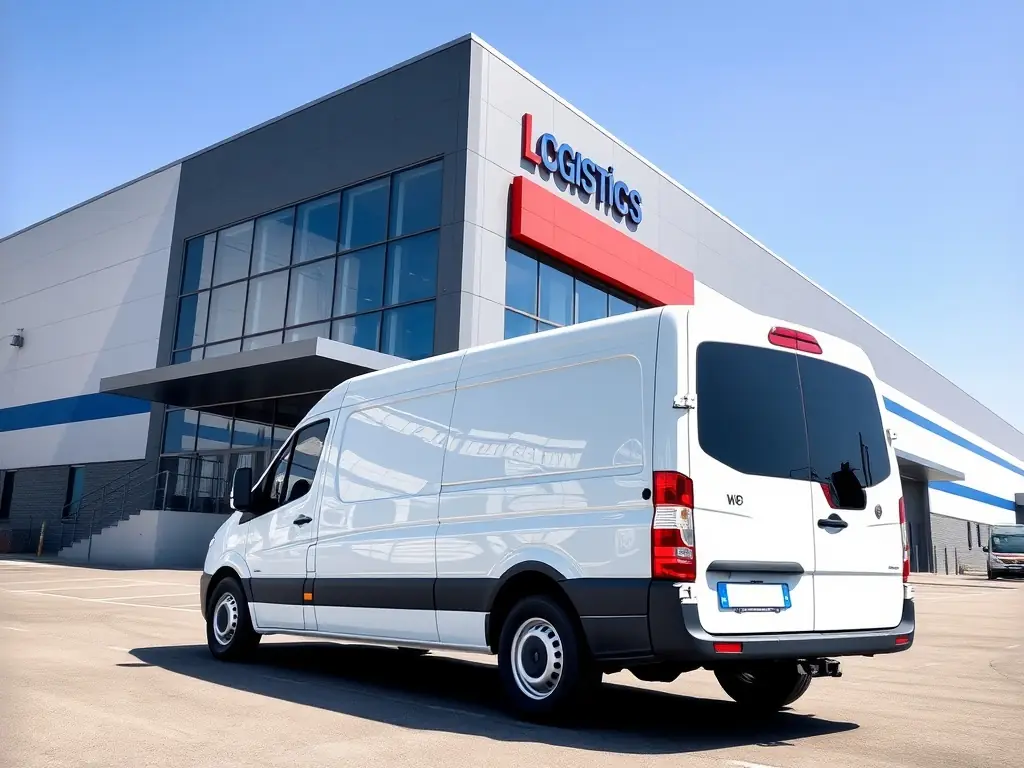 A photograph of a modern, well-maintained delivery truck branded with the Exim Americas logo, parked in front of a large distribution warehouse. The image conveys professionalism and reliability, highlighting the company's commitment to efficient final mile delivery.