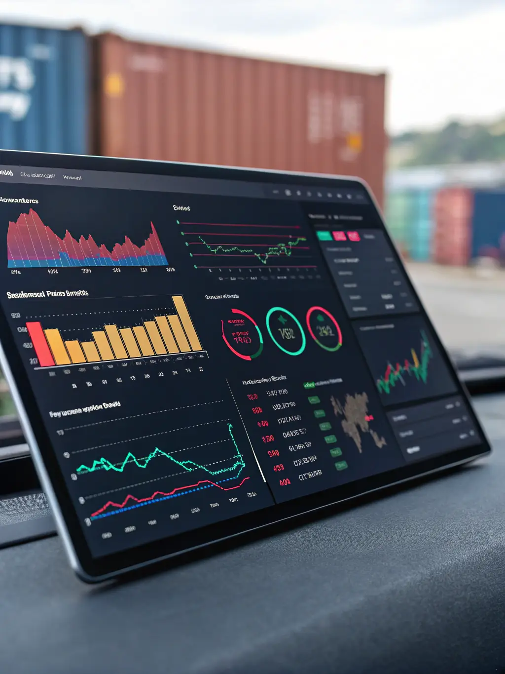 A digital dashboard displaying real-time shipment tracking, insurance options, and risk management analytics, highlighting technology-enabled logistics services.