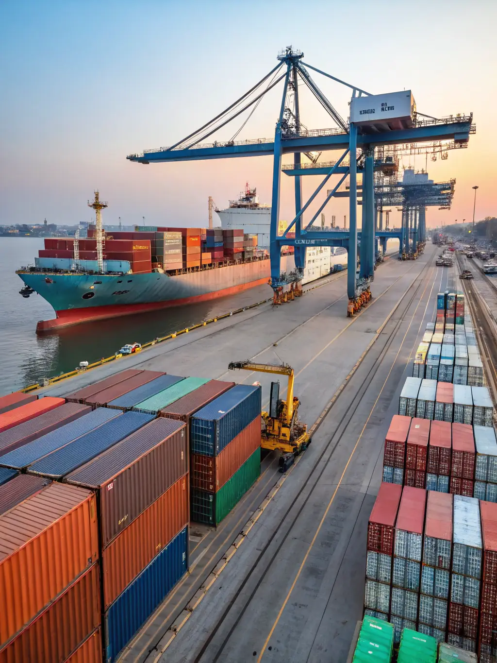 A modern cargo ship loaded with colorful shipping containers, docked at a busy international port, representing global freight forwarding services for importers.