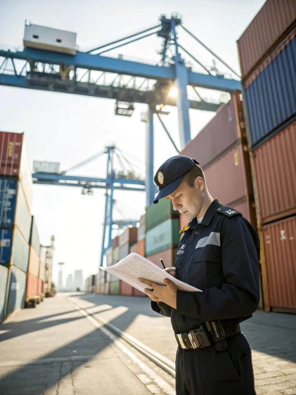 A professional customs officer reviewing documents beside a stack of sealed cargo crates, symbolizing customs clearance and compliance support for U.S. imports.