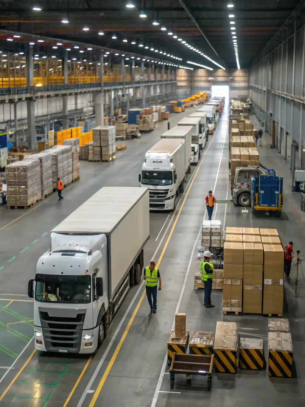 A delivery truck and a cargo van parked outside a warehouse, with packages being loaded, illustrating door-to-door and multi-modal logistics solutions.